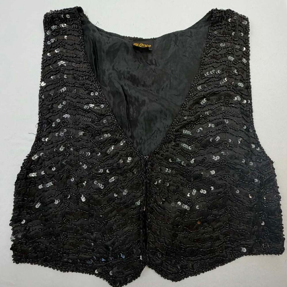 At Once Vintage Black Silk Beaded and Sequined Cropped Vest, Size Large